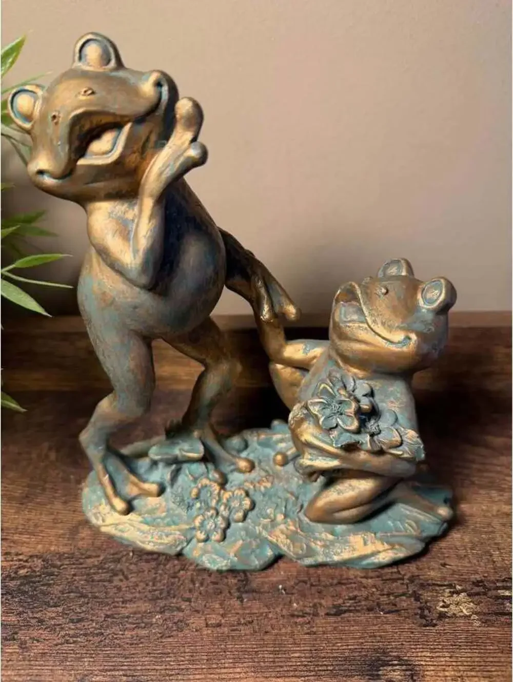 Vintage Style Bronze and Verdigris Frog Couple Figurine